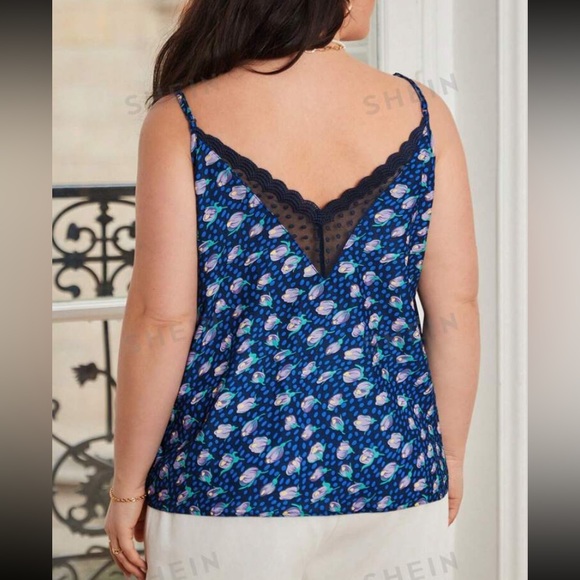 Plus Size Lace & Floral French Style Tank Top Vibrant Blue Green Purple - Picture 6 of 16